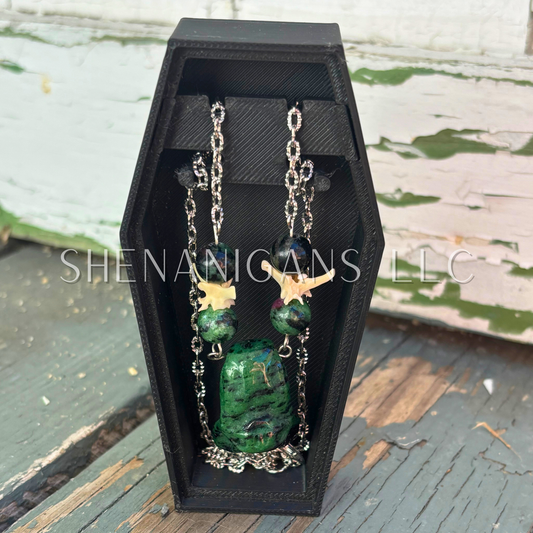 Zoisite Bat Necklace – Crystal Carving with Ruby Zoisite Beads