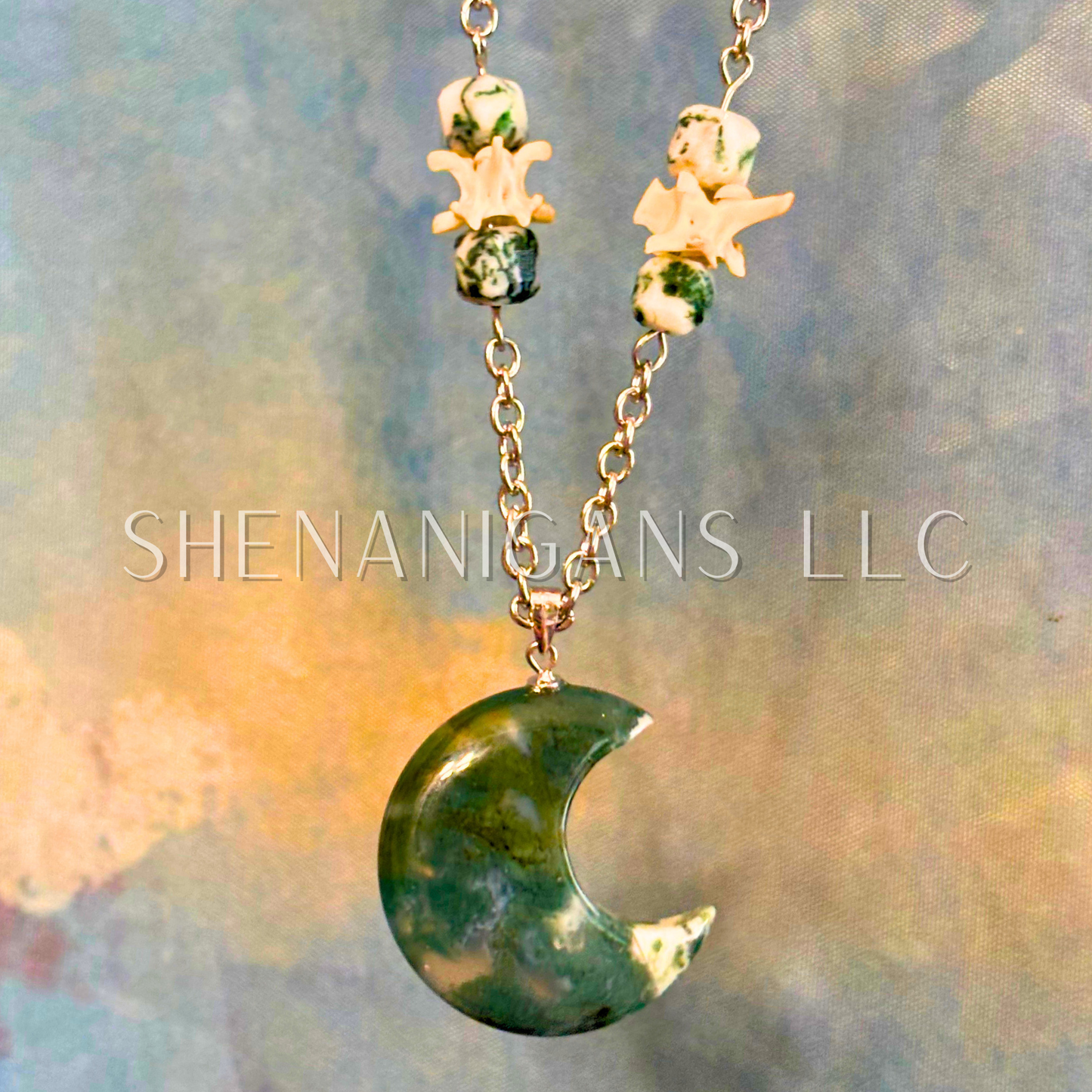 Moss Agate Crescent Moon Pendant Necklace with Snake Vertebrae