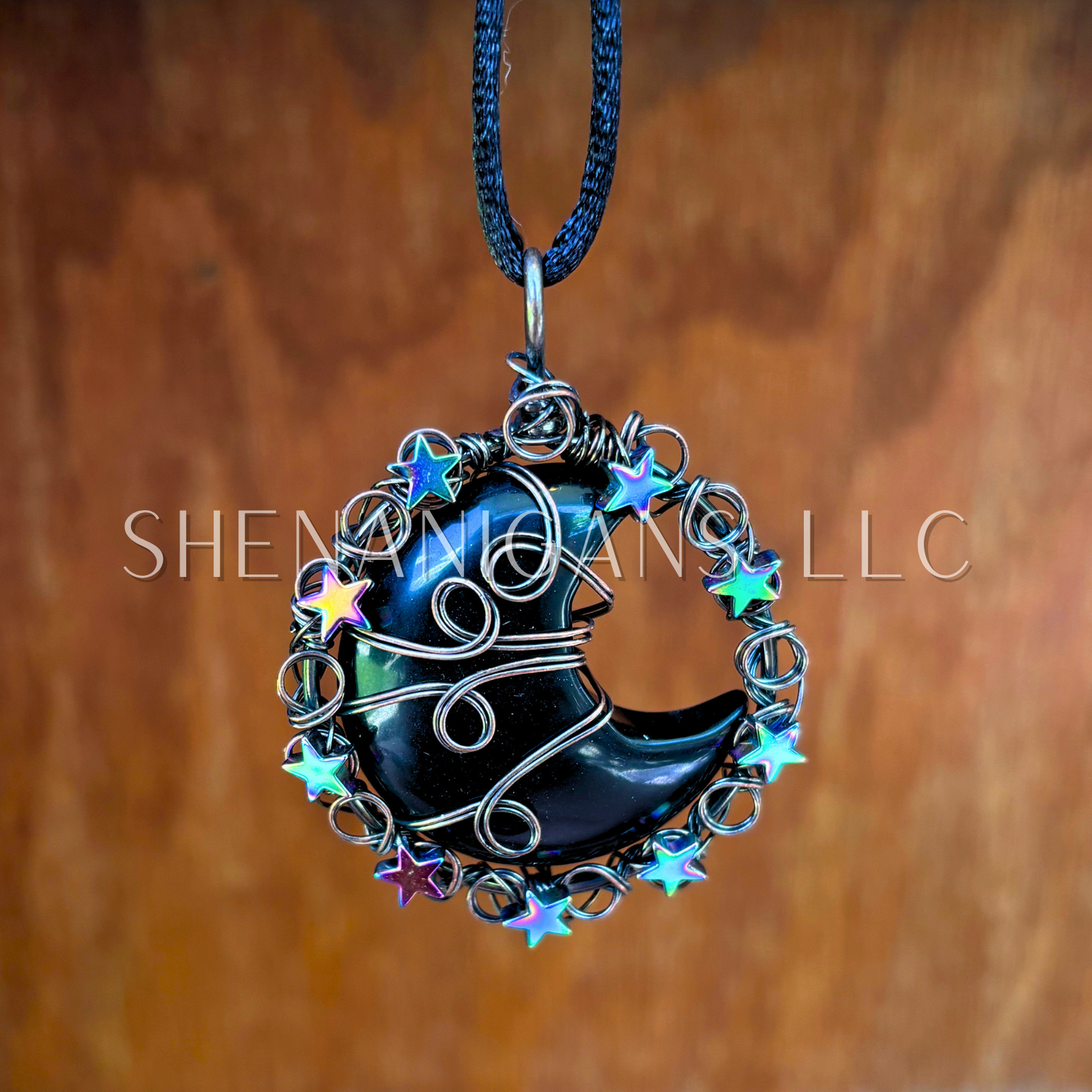 Wire Wrapped Moon Pendant on Satin Silk Necklace Cord
