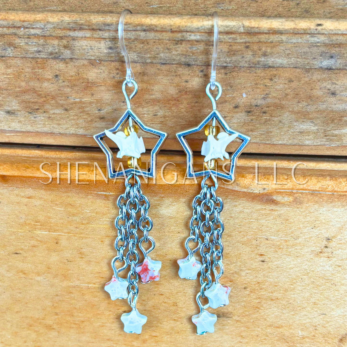 Shooting Star Earrings with Aqua Terra Jasper Stars & Rattlesnake Vertebrae – Handmade Celestial Coffin Display