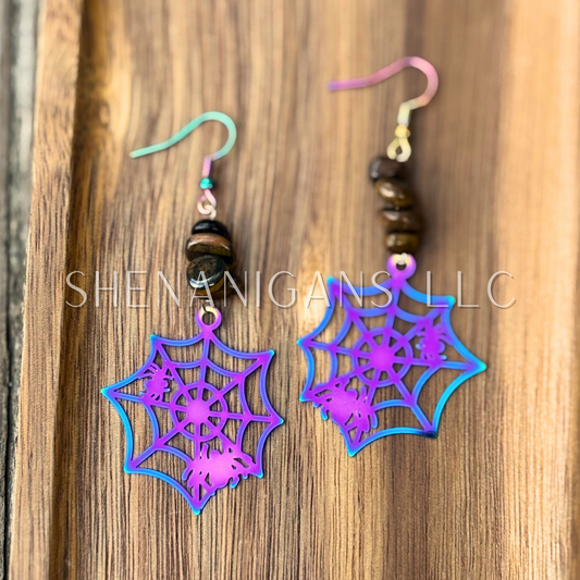 Rainbow Aura Spider Web Earrings – Stainless Steel with Crystal Chips
