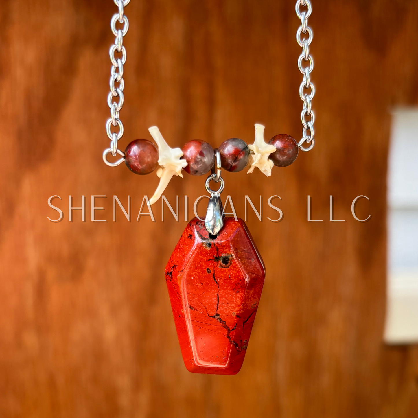 Red Jasper Coffin Necklace with Rattlesnake Vertebrea