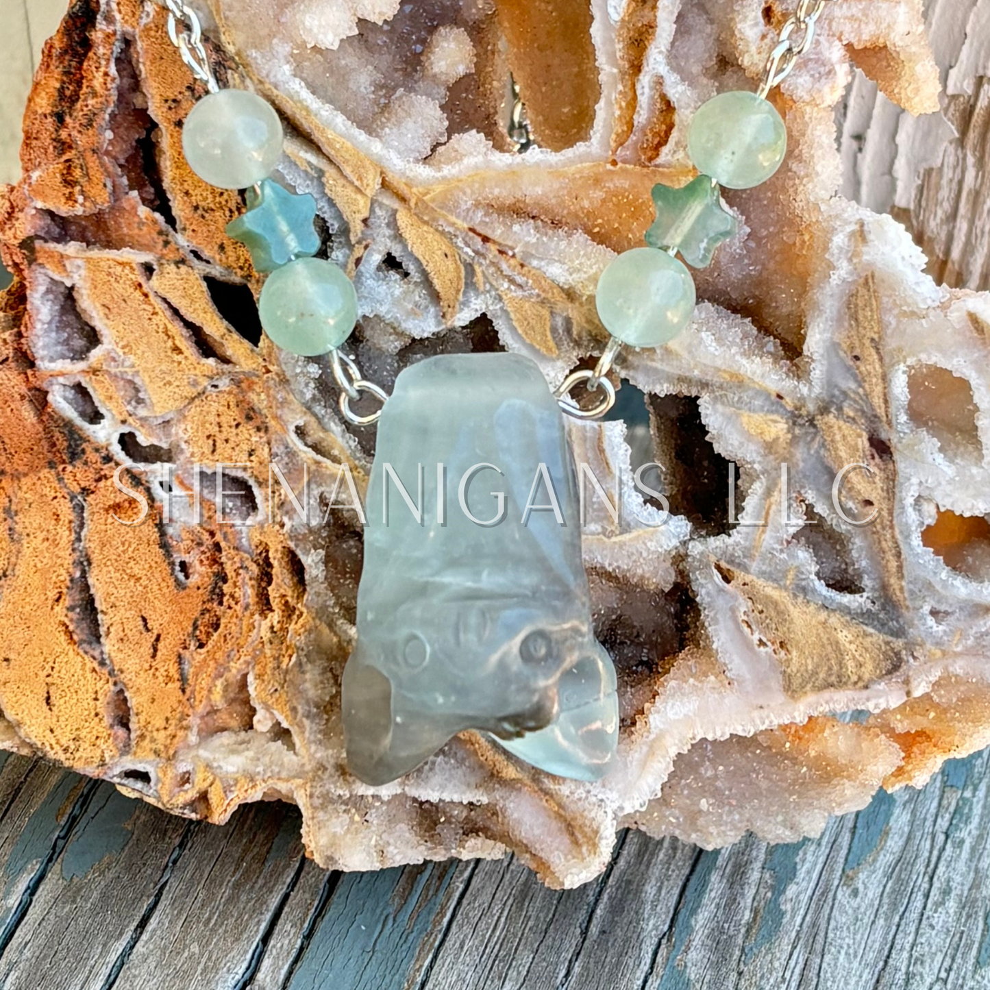 Green Fluorite Hanging Fruit Bat Necklace with Green Aventurine Beads