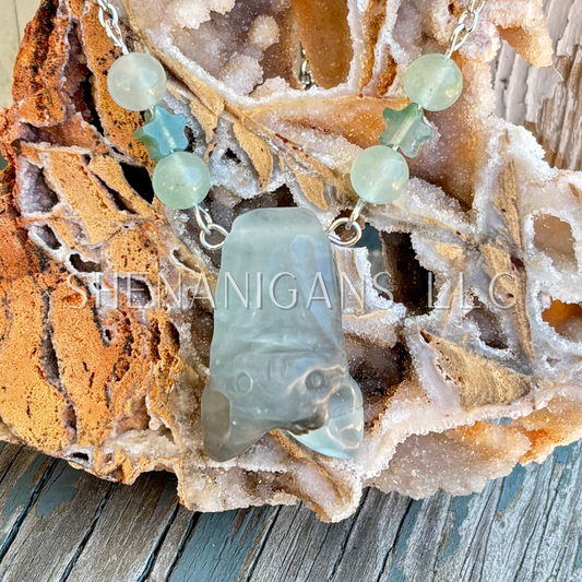 Green Fluorite Hanging Fruit Bat Necklace with Green Aventurine Beads
