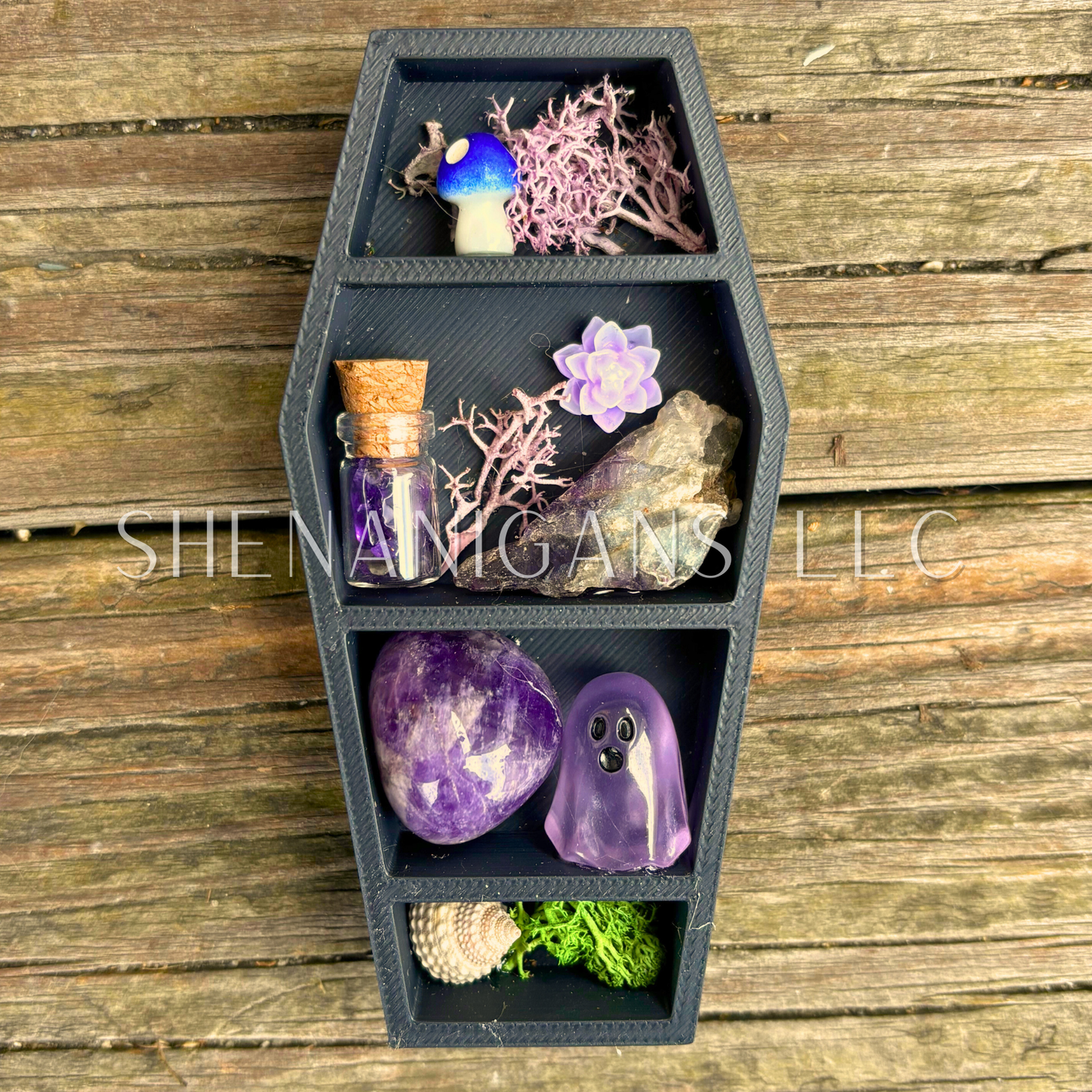 Mini Coffin Crystal Shelf | 3D Printed Moon Display with Handpicked Crystals, Moss & Trinkets Magnet