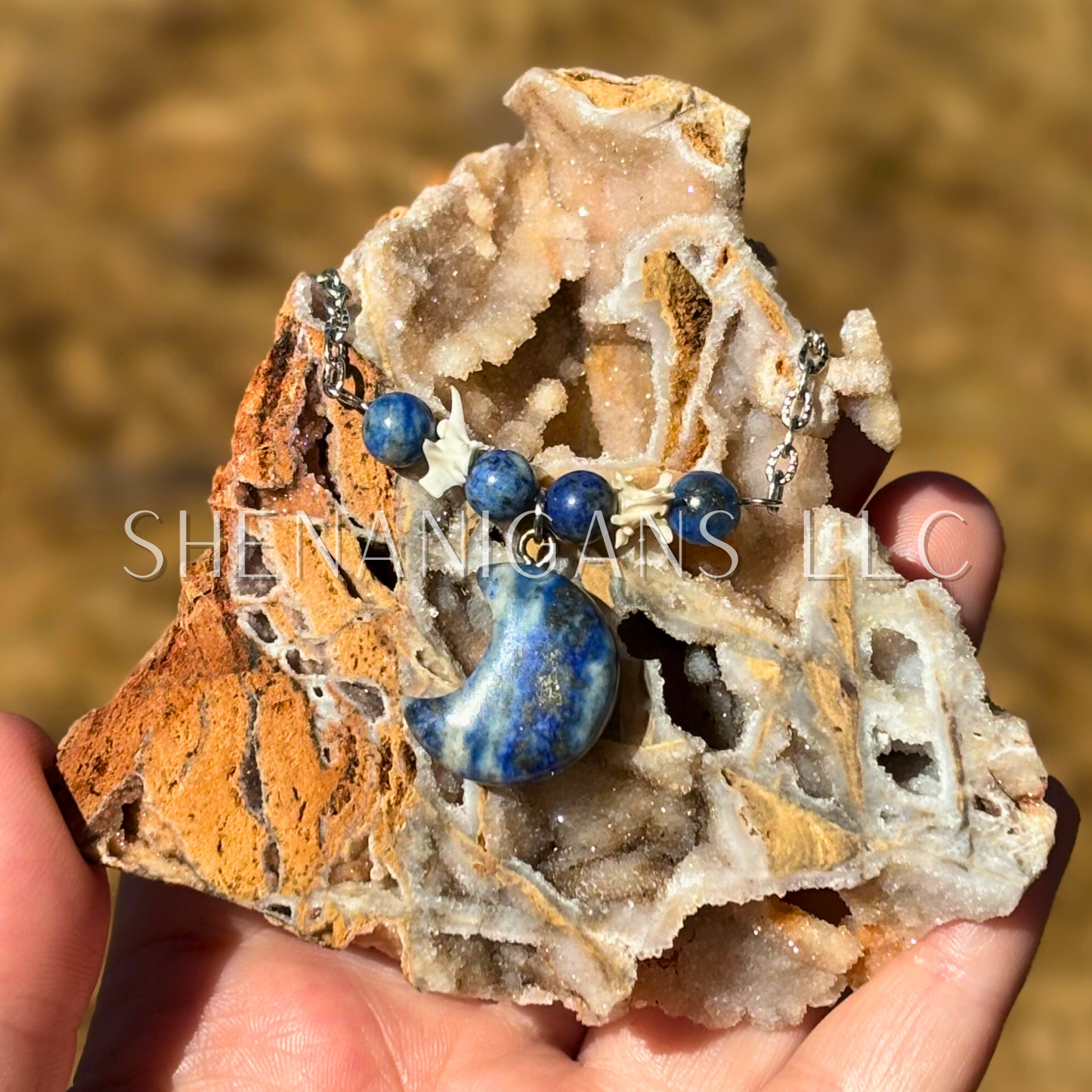 Lapis Lazuli Moon Necklace – Crystal Carving with Beads & Bone Detail