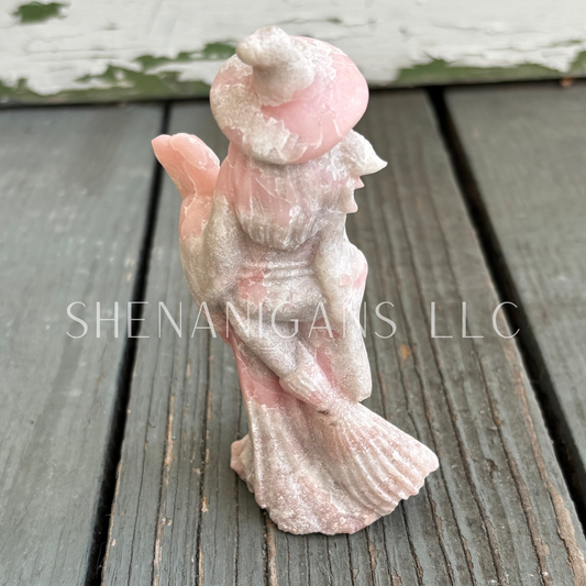 Flying Witch With Broom - Pink Opal - Crystal Carving