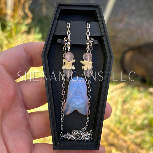 Pink Opalite Bat Necklace – Crystal Carving with Rose Quartz Beads & Silver Chain