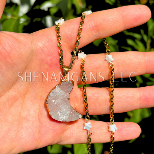 Druzy Agate Crescent Moon Necklace