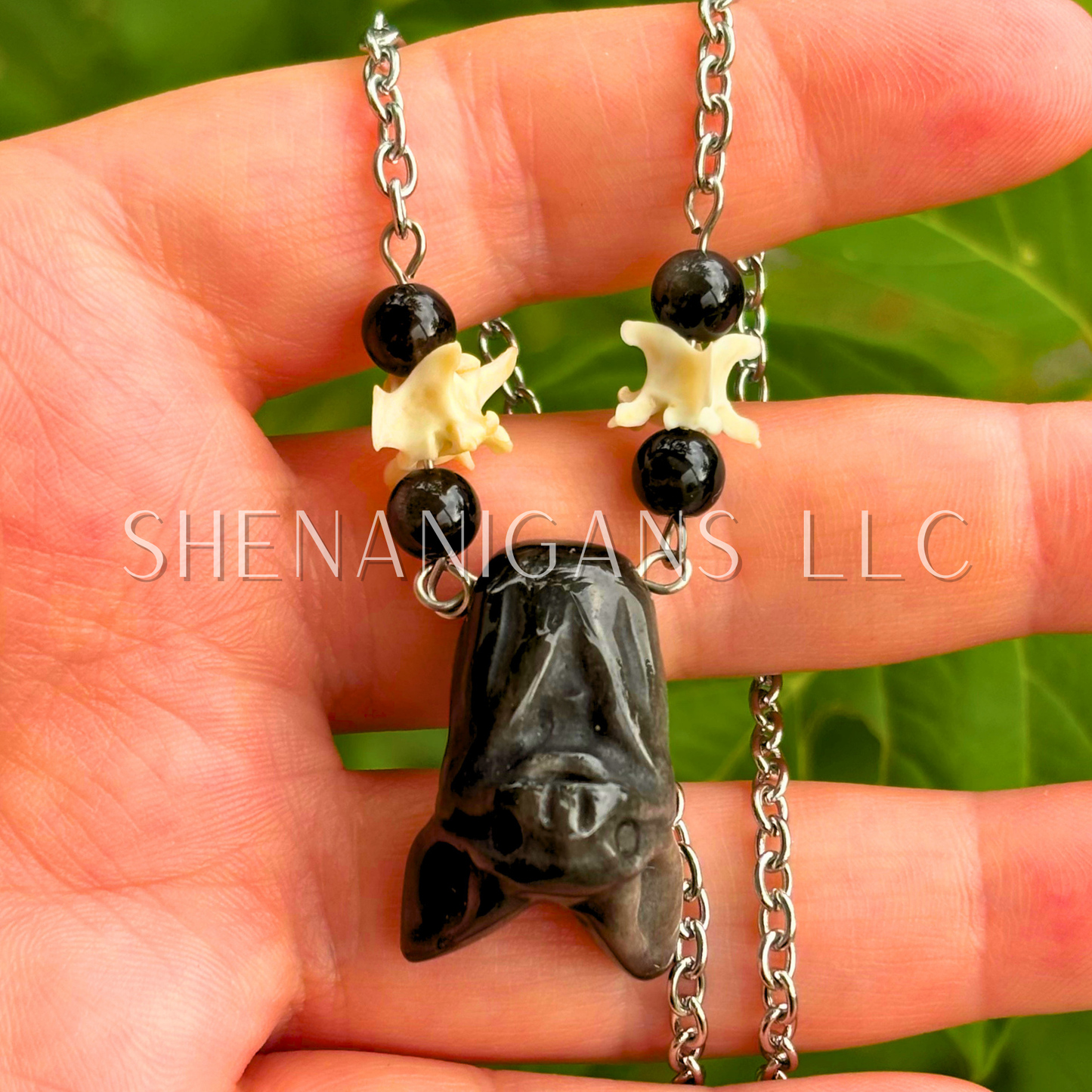 Sheen Obsidian Fruit Bat Necklace – Crystal Carving with Sheen Obsidian Beads