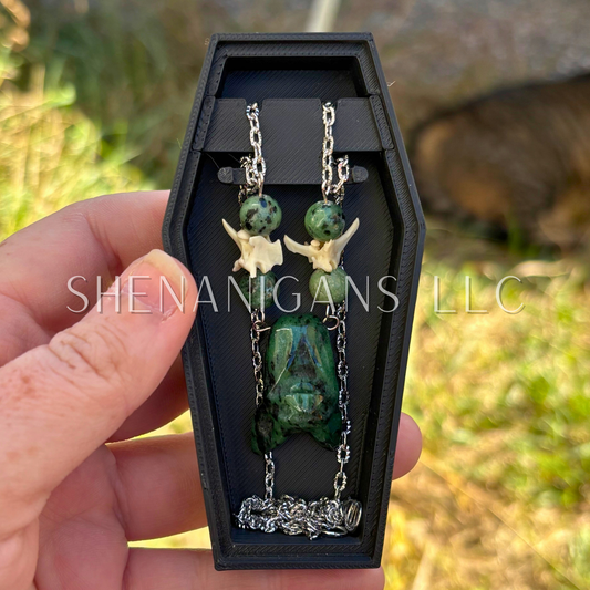 UV Reactive Ruby Zoisite Bat Necklace – Crystal Carving with Ruby Zoisite Beads & Silver Chain