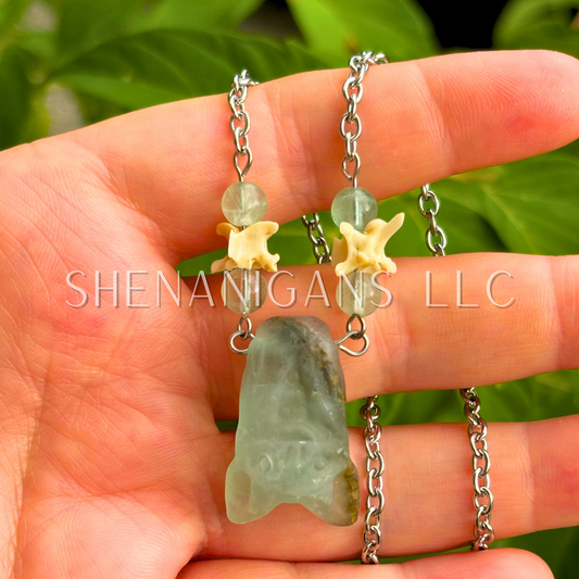 Fruit Bat Necklace – Green Fluorite Bat with Fluorite Beads and Snake Vertebrae