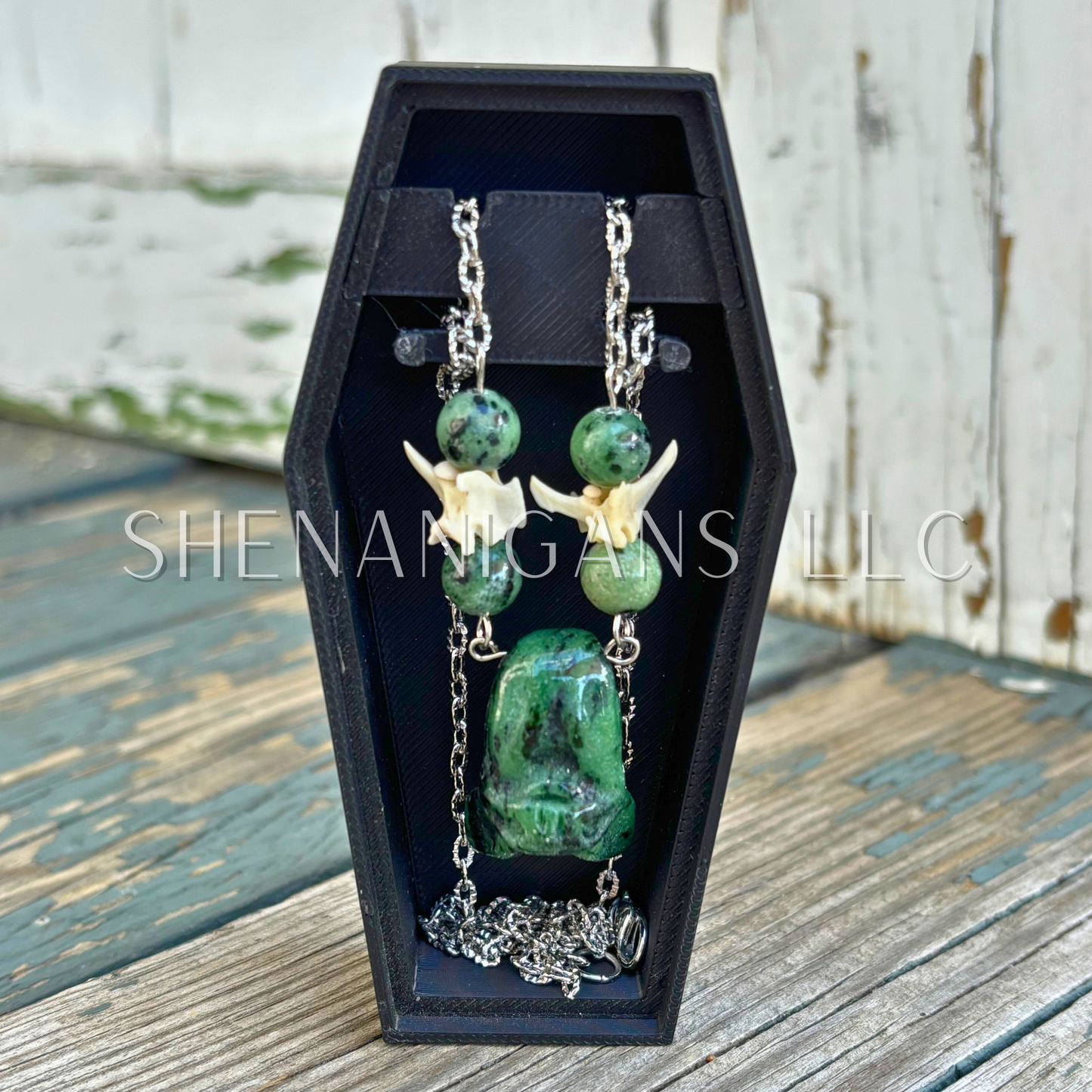 UV Reactive Ruby Zoisite Bat Necklace – Crystal Carving with Ruby Zoisite Beads & Silver Chain