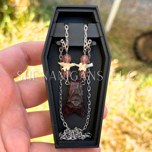 Strawberry Quartz Bat Necklace – Crystal Carving with Strawberry Quartz Beads & Silver Chain