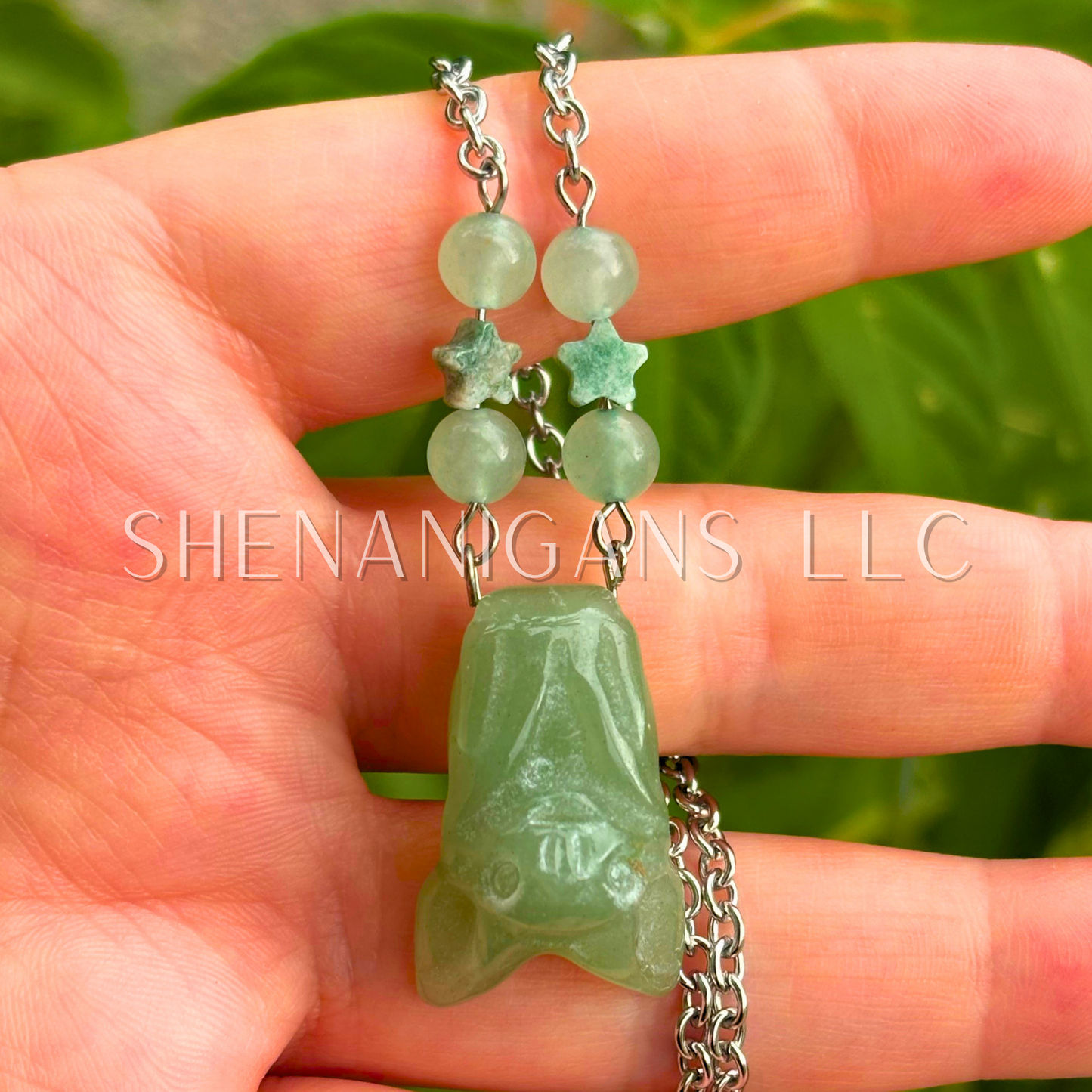 Green Fluorite Hanging Fruit Bat Necklace with Green Flourite Beads