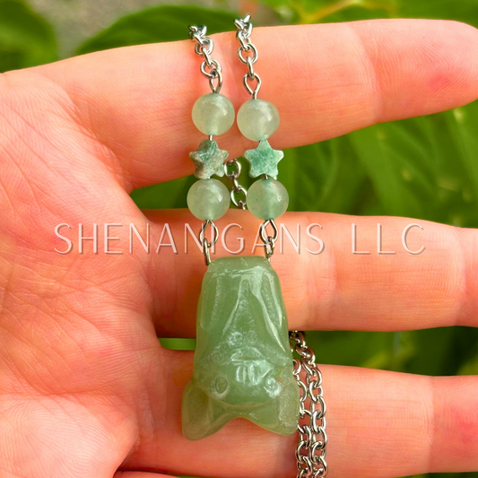 Fruit Bat Necklace – Green Fluorite Bat with Fluorite Beads