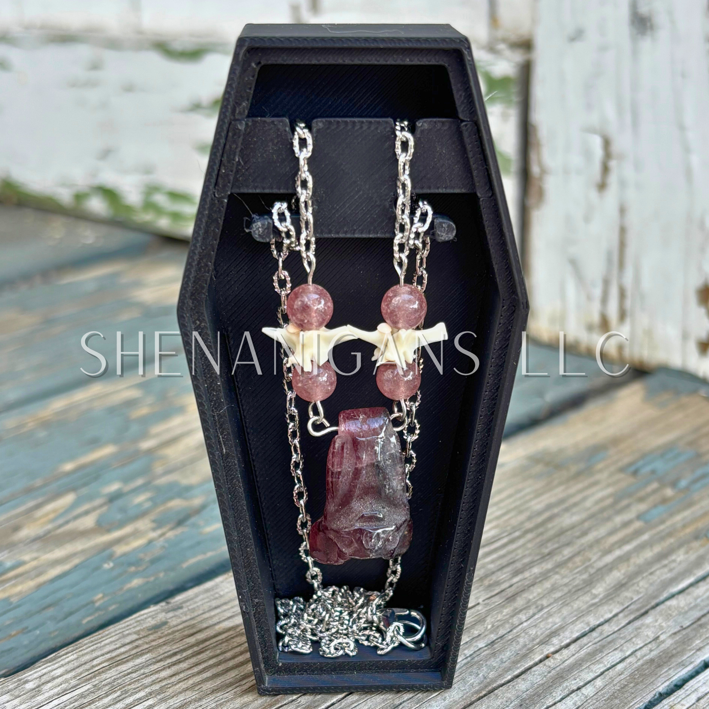 Strawberry Quartz Bat Necklace – Crystal Carving with Strawberry Quartz Beads & Silver Chain