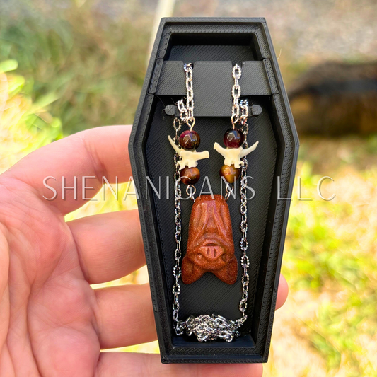 Goldstone Bat Necklace – Crystal Carving with Galaxy Tiger Eye Beads & Silver Chain