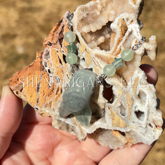 Green Fluorite Hanging Fruit Bat Necklace with Green Aventurine Beads