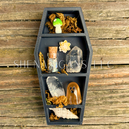 Mini Coffin Crystal Shelf | 3D Printed Moon Display with Handpicked Crystals, Moss & Trinkets Magnet
