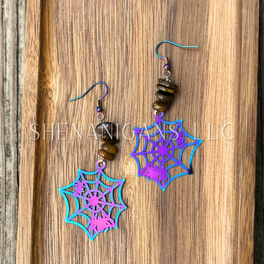 Rainbow Aura Spider Web Earrings – Stainless Steel with Crystal Chips