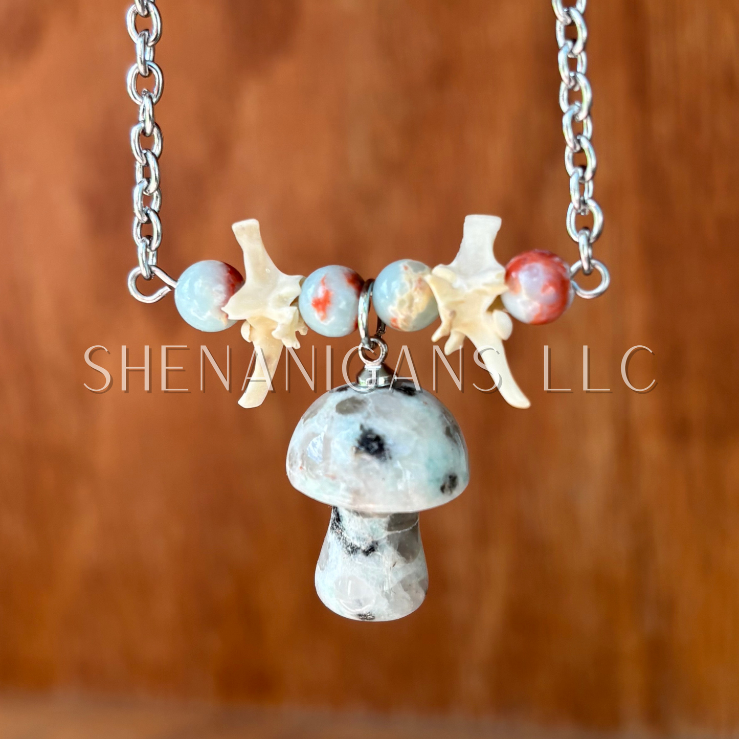 Kiwi Jasper Mushroom Necklace with Aqua Terra Beads and Rattlesnake Vertebrae