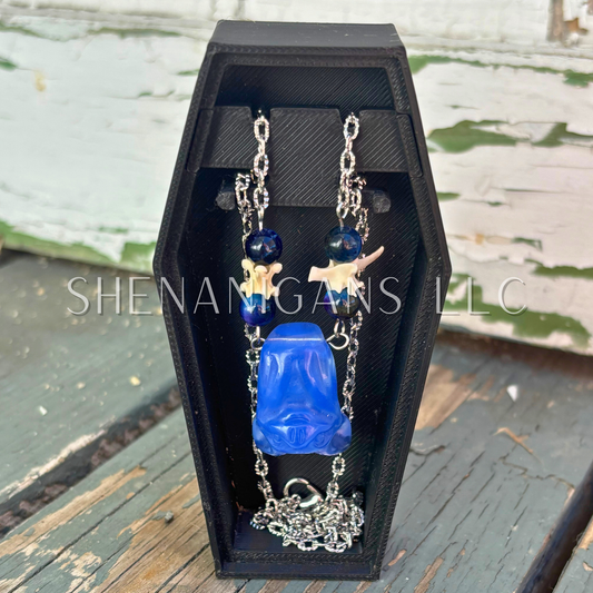 Blue Opalite Bat Necklace – Crystal Carving with Blue Galaxy Tiger’s Eye Beads