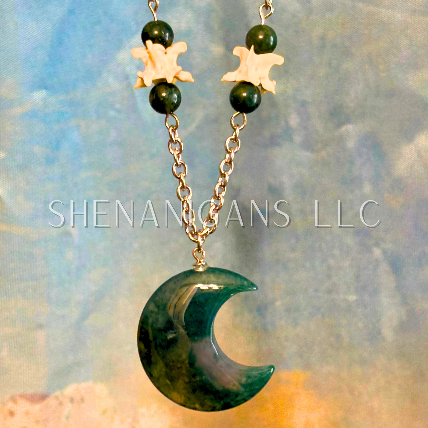 Moss Agate Crescent Moon Pendant Necklace with Snake Vertebrae