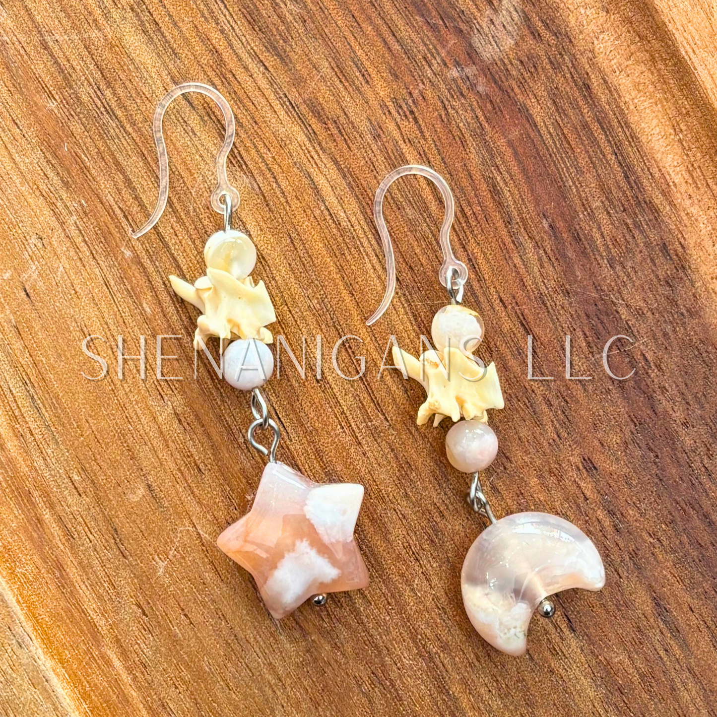 Flower Agate Moon & Star Earrings