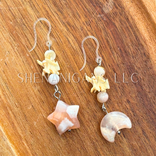 Flower Agate Moon & Star Earrings