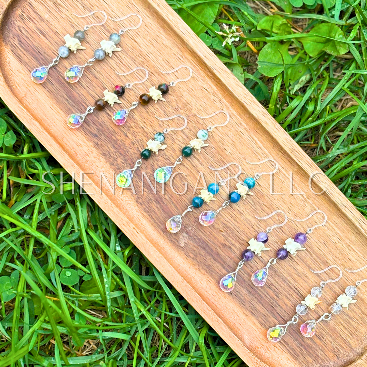 Rattlesnake Vertebrae Dangle Earrings with Crystal & Clear Teardrop Briolette