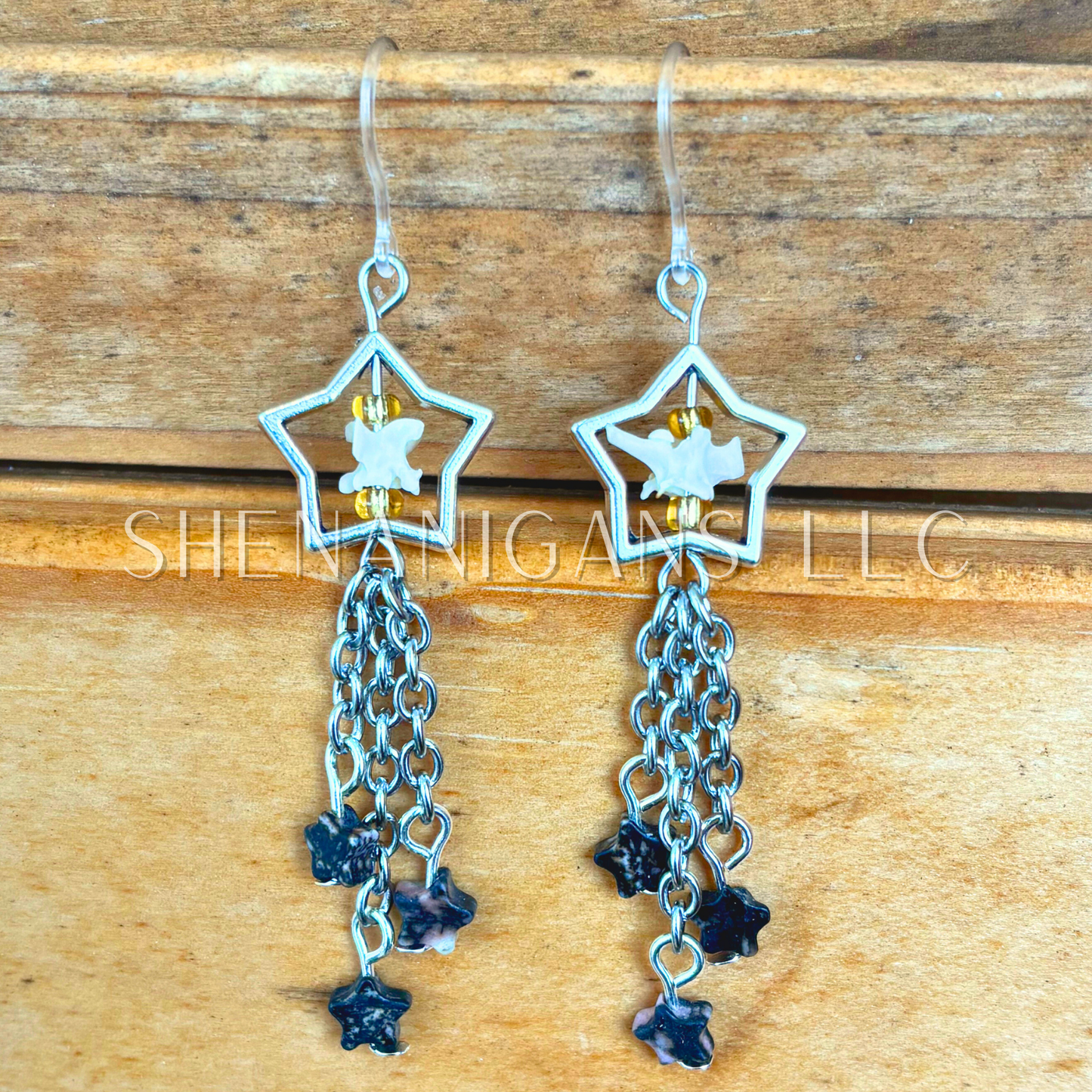 Shooting Star Earrings with Rhodonite Stars & Rattlesnake Vertebrae – Handmade Celestial Coffin Display