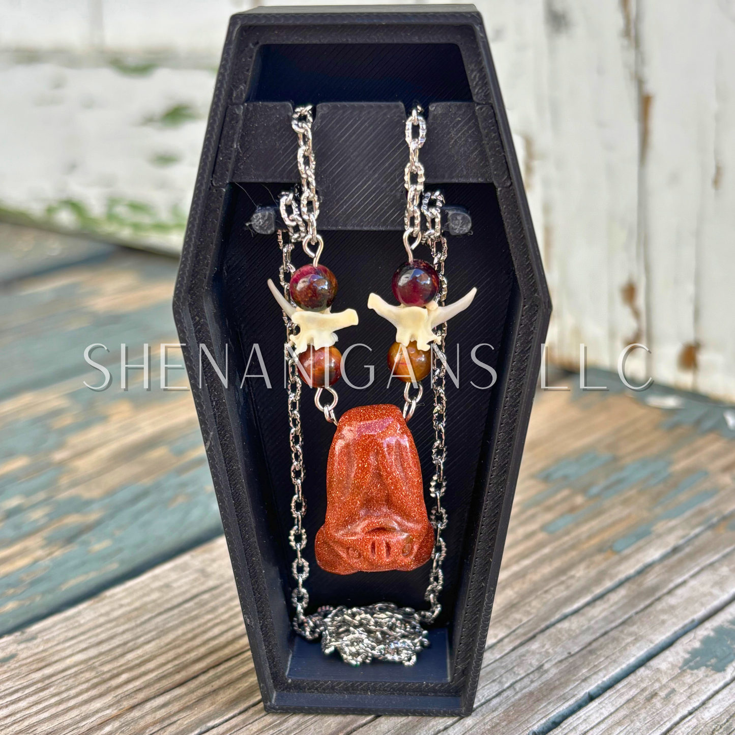 Goldstone Bat Necklace – Crystal Carving with Galaxy Tiger Eye Beads & Silver Chain