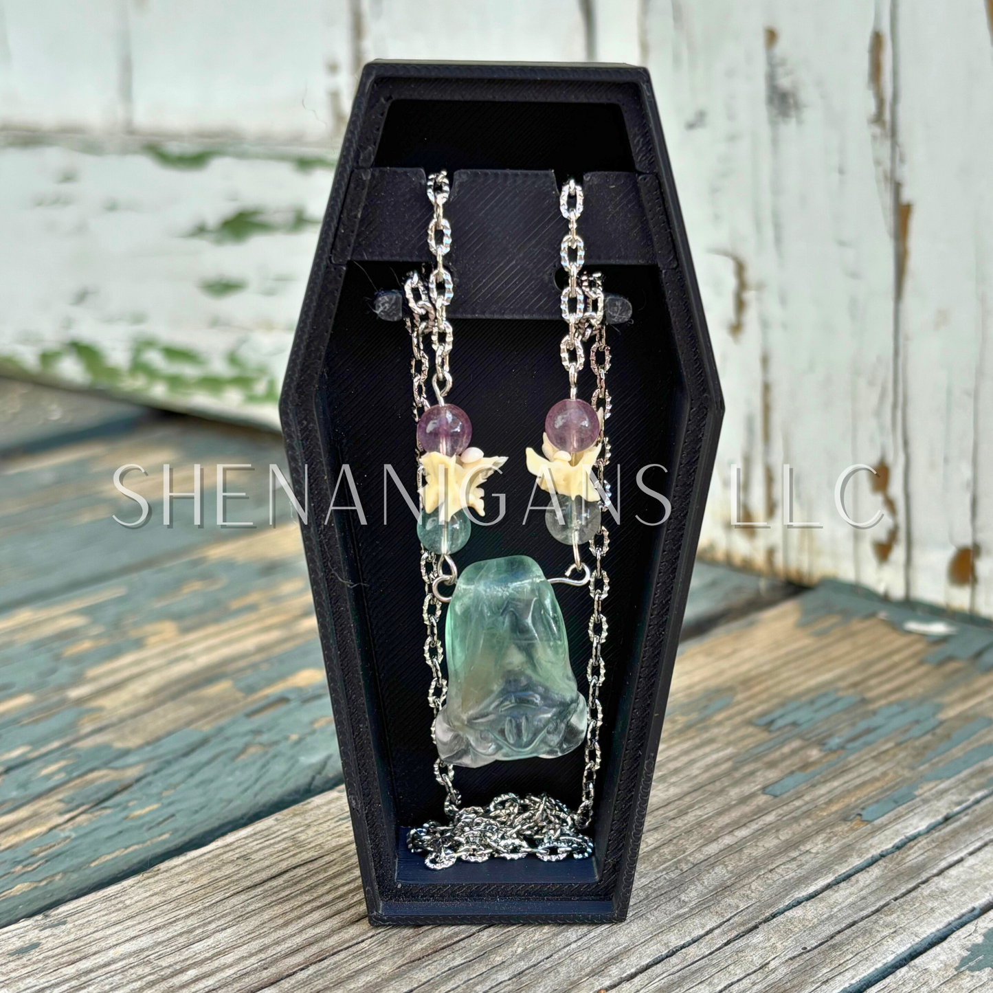 Green Fluorite Hanging Fruit Bat Necklace with Green Flourite Beads