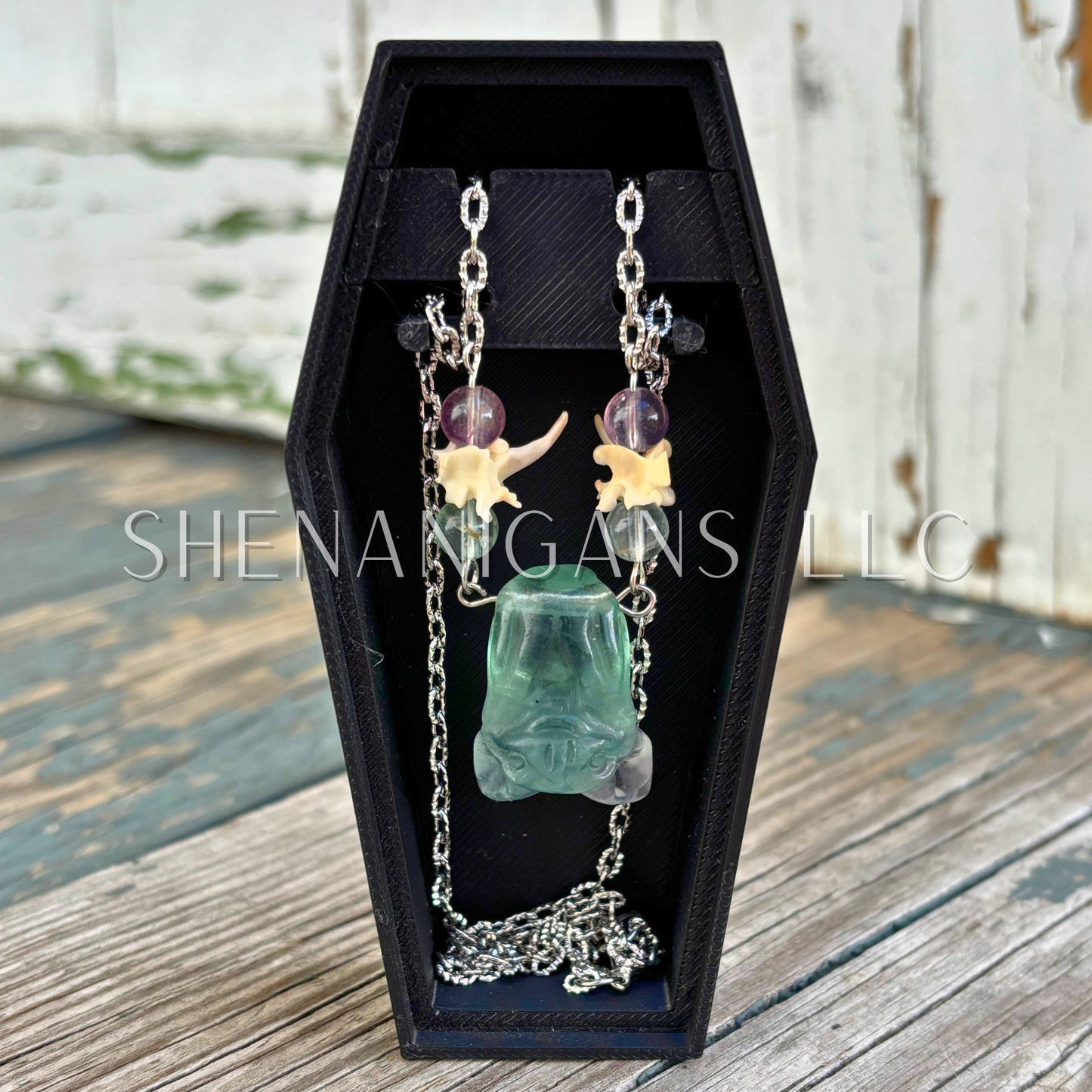 Green Fluorite Hanging Fruit Bat Necklace with Green Flourite Beads