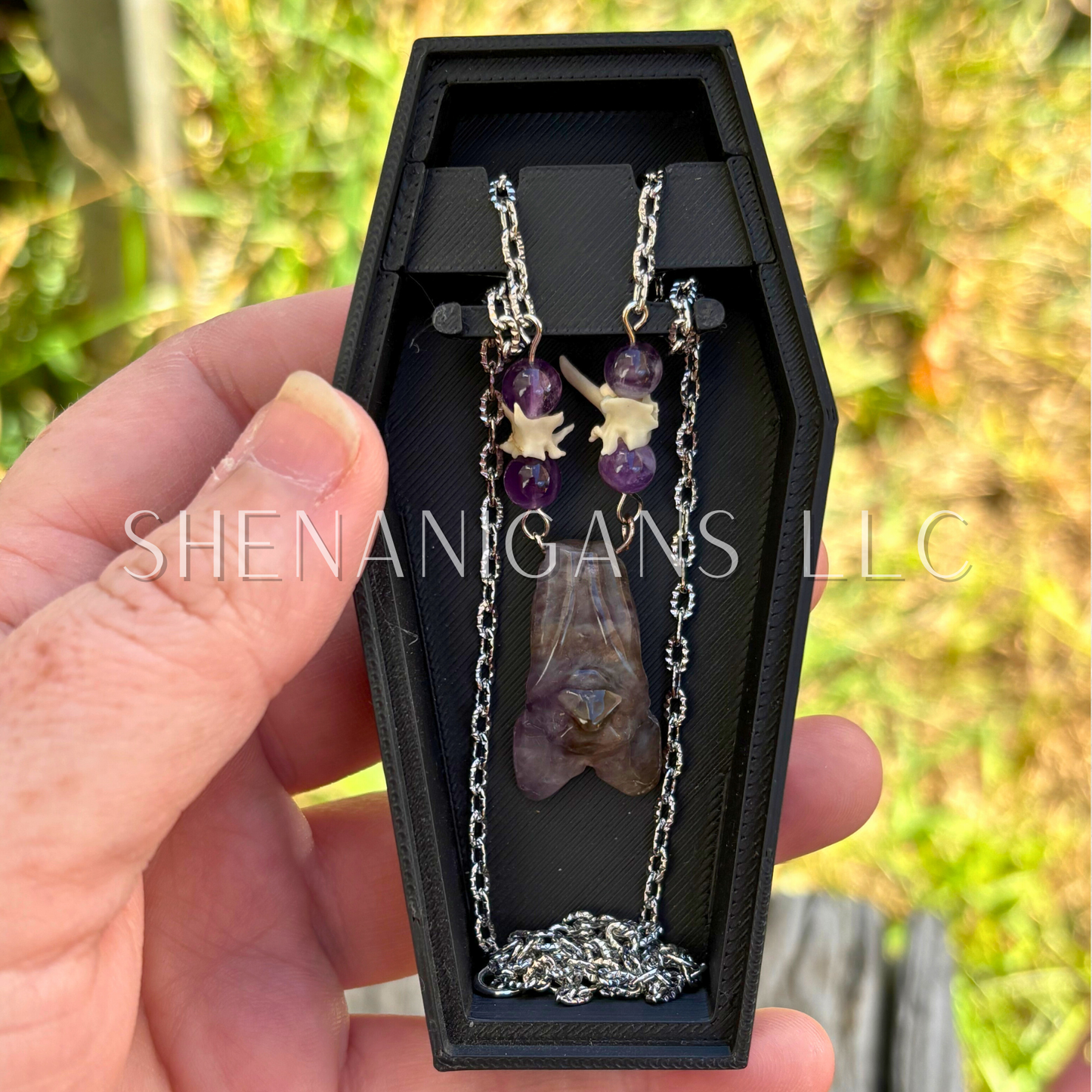 Amethyst Bat Necklace with Amethyst Beads and Rattlesnake Vertebrae