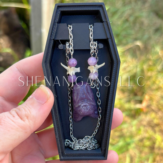 Lepidolite Bat Necklace – Crystal Carving with Lepidolite Beads & Silver Chain