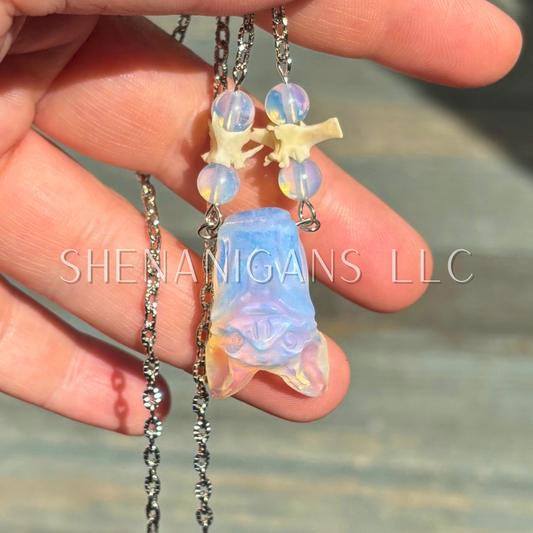 Opalite Fruit Bat Necklace – Crystal Carving with Rattlesnake Vertebrae & Silver Rhodium-Plated Chain