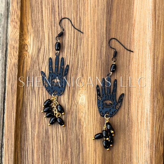 Evil Eye Earrings – Black Coated Stainless Steel & Obsidian