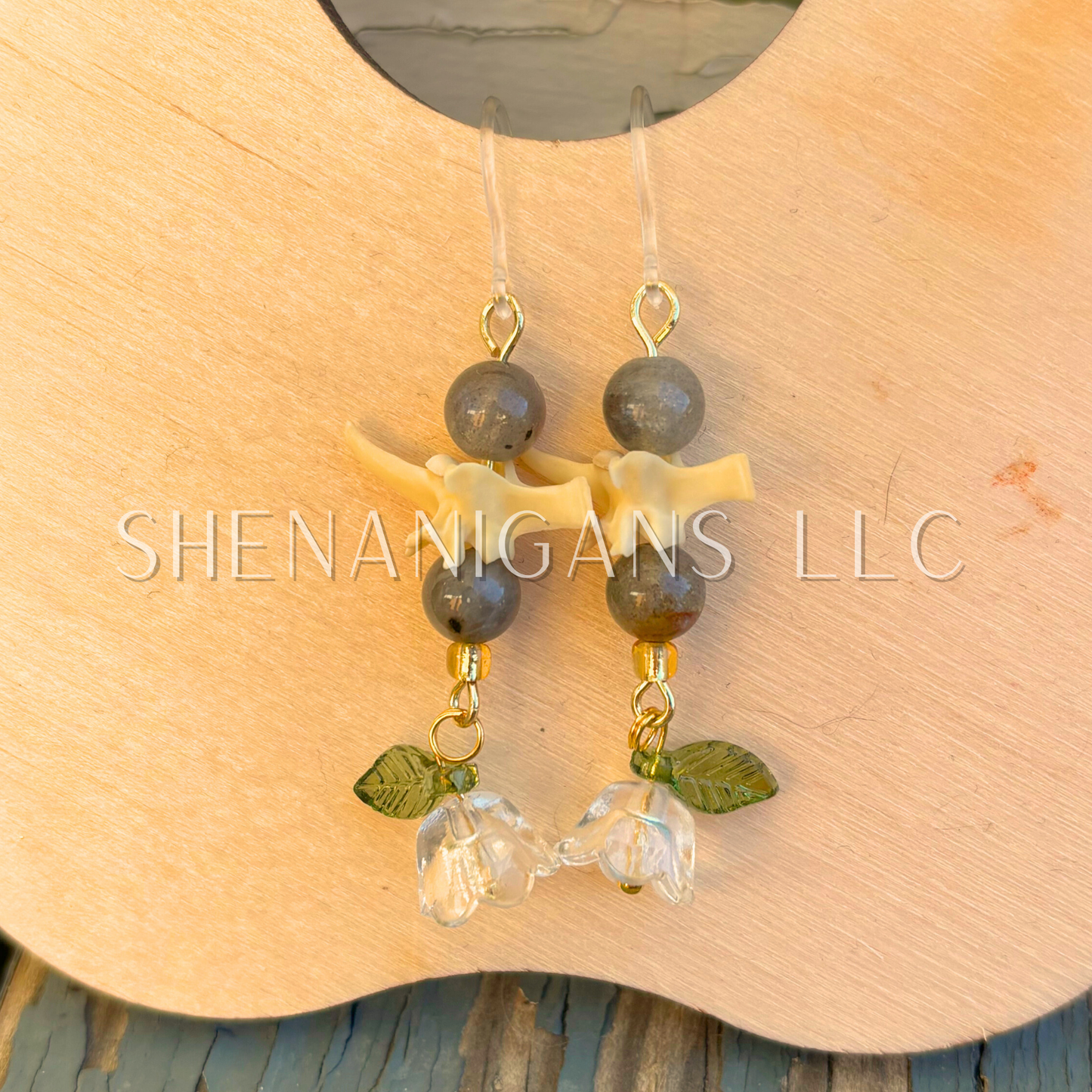 White and Gold Bell Flower Dangle Earrings with Snake Vertebrae and Crystal Beads