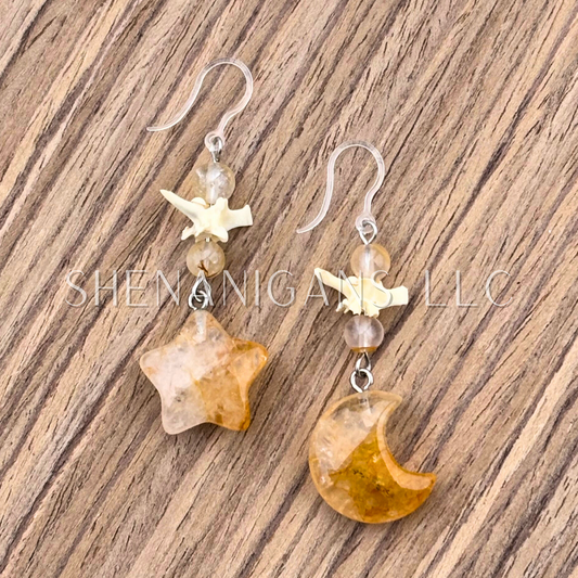 Golden Healer Star and Moon Earrings