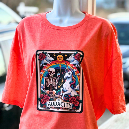 The Audacity Orange Tee Shirt, Unicorn, Skeleton, Rainbow, Space