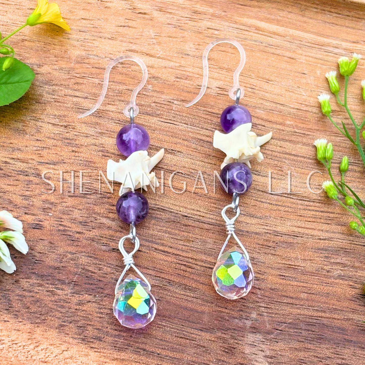 Rattlesnake Vertebrae Dangle Earrings with Crystal & Clear Teardrop Briolette