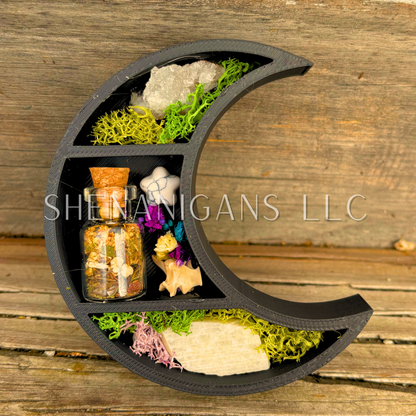 Peaceful Sleep Spell - Mini Crescent Moon Crystal Shelf | 3D Printed Moon Display with Handpicked Crystals, Moss & Trinkets Magnet