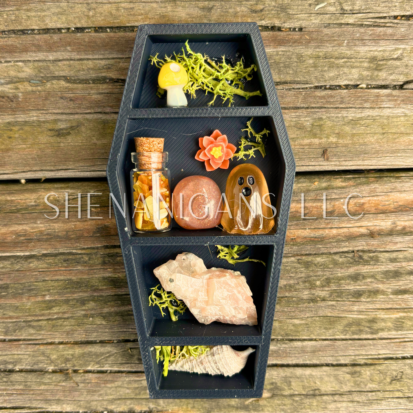 Mini Coffin Crystal Shelf | 3D Printed Moon Display with Handpicked Crystals, Moss & Trinkets Magnet