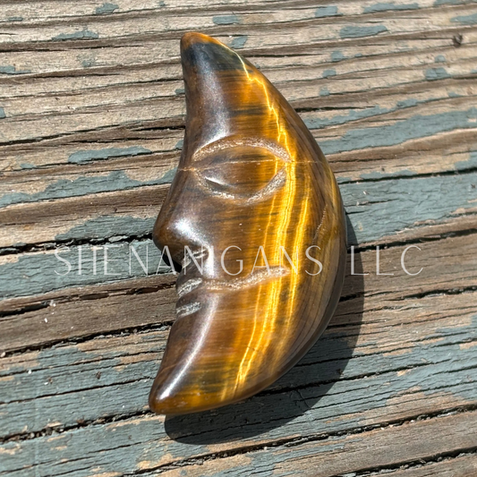 Tigers Eye Moon with Face - Happy and Sad - Small - Crystal Carving