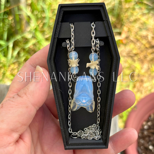 Opalite Fruit Bat Necklace – Crystal Carving with Rattlesnake Vertebrae & Silver Rhodium-Plated Chain