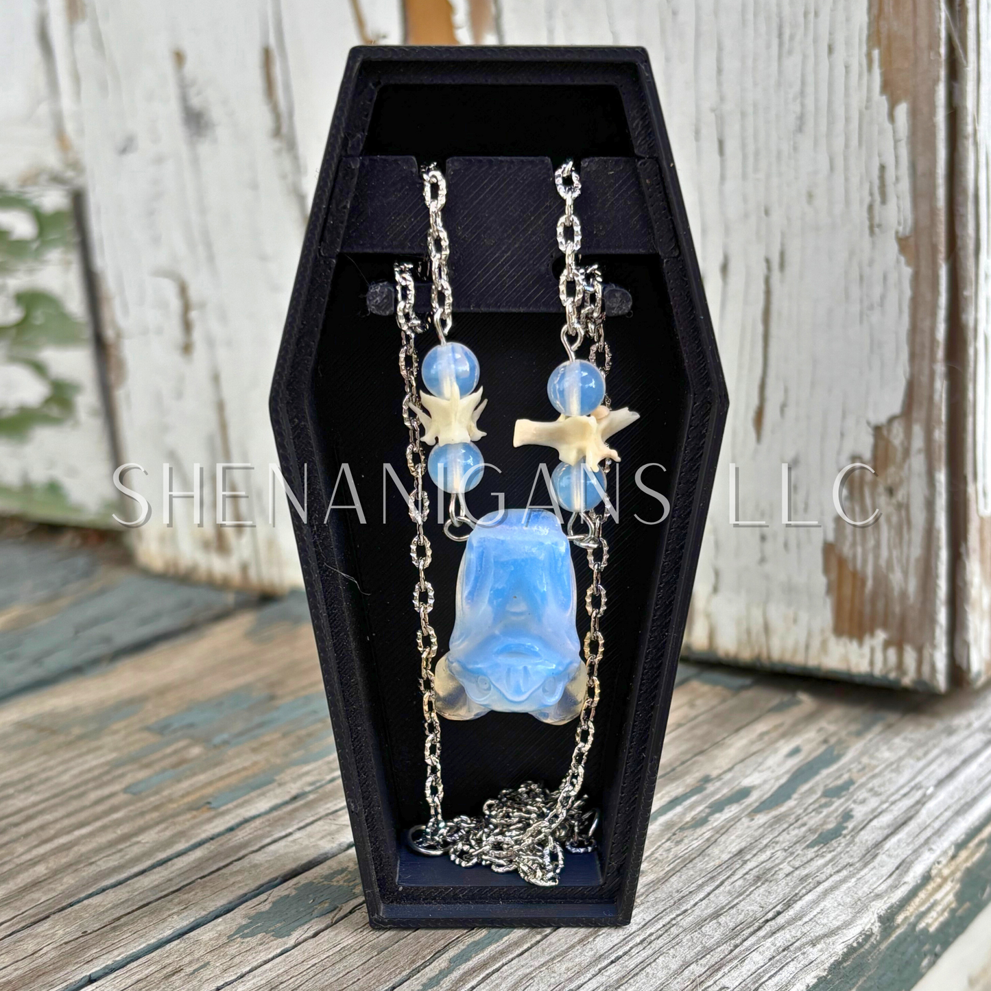Opalite Fruit Bat Necklace – Crystal Carving with Rattlesnake Vertebrae & Silver Rhodium-Plated Chain