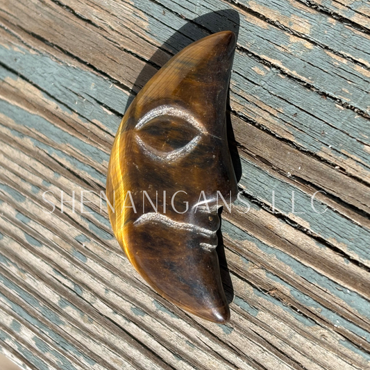 Tigers Eye Moon with Face - Happy and Sad - Small - Crystal Carving