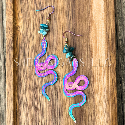 Rainbow Aura Celestial Snake Earrings with Crystal Chips – Ionized Stainless Steel